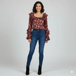 Yaya & Co Chic Burgundy Floral Blouse with Ruffle Sleeves – Size S